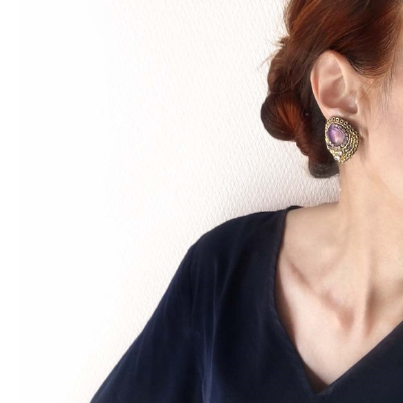 [補貨]紫黃晶栗色珠子刺繡耳環/耳環天然石寶石耳環生日禮物禮物 第5張的照片