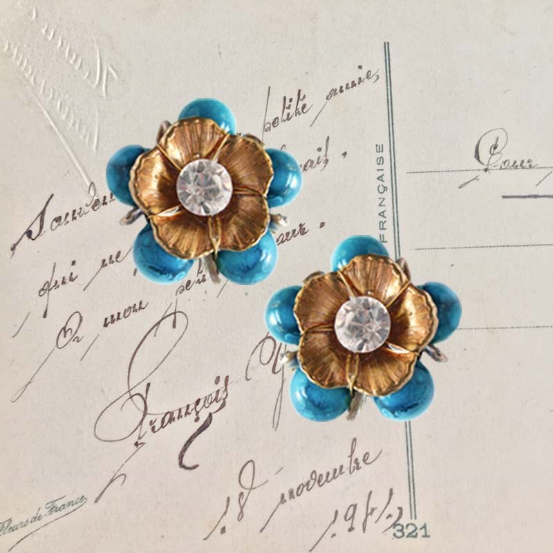 ヴィンテージ フラワー ターコイズ コスチュームジュエリー イヤリング 大ぶり 誕生日 ギフト 贈り物