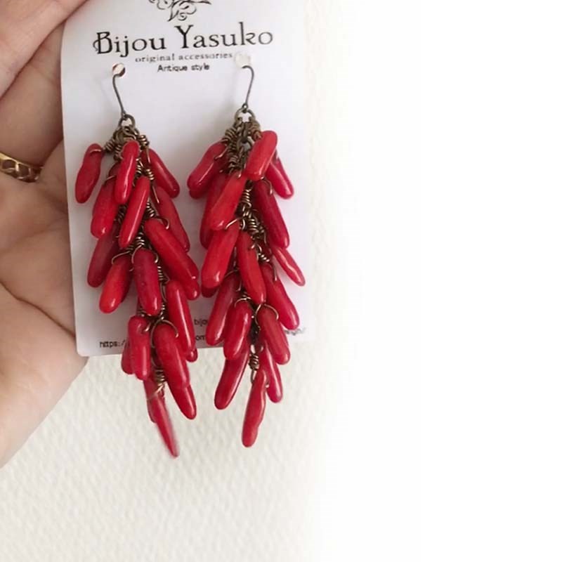 赤珊瑚 ( レッドコーラル ) 天然石 ピアス・イヤリング 大ぶり ビーズ イヤリング 誕生日還暦祝い