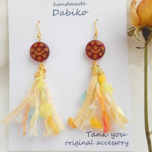 K16月と星のべっ甲タッセル大ぶりピアス/イヤリング ピアス（フック  