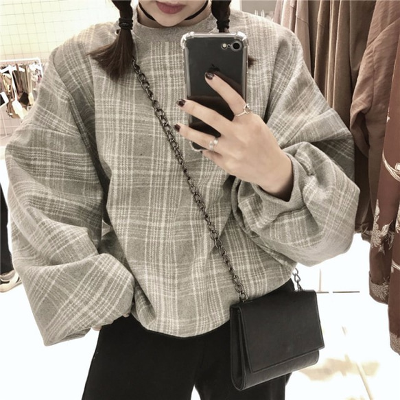 チェック柄トップスふんわり袖で今っぽstyleに♪ゆるカワな新鮮コーデ