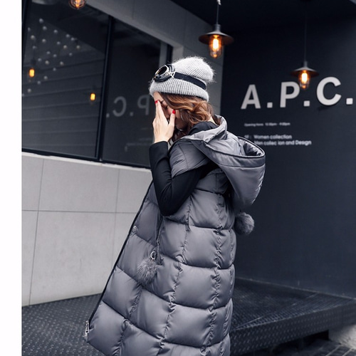 ダウンベスト ロング丈 フード付き 丸シュシュ ポケット付き コート