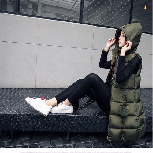 ダウンベスト ロング丈 フード付き 丸シュシュ ポケット付き コート