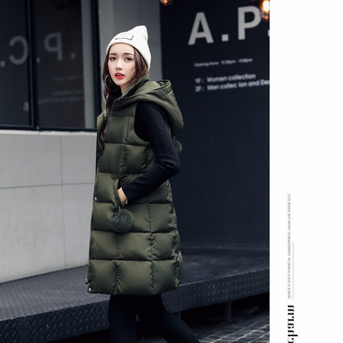 ダウンベスト ロング丈 フード付き 丸シュシュ ポケット付き コート