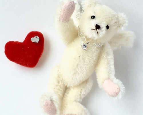 ＊テディベア ピンクベージュ＊手のひらサイズ 天使のテディベア(手のひらサイズ＊シルバー) ぬいぐるみ akowa