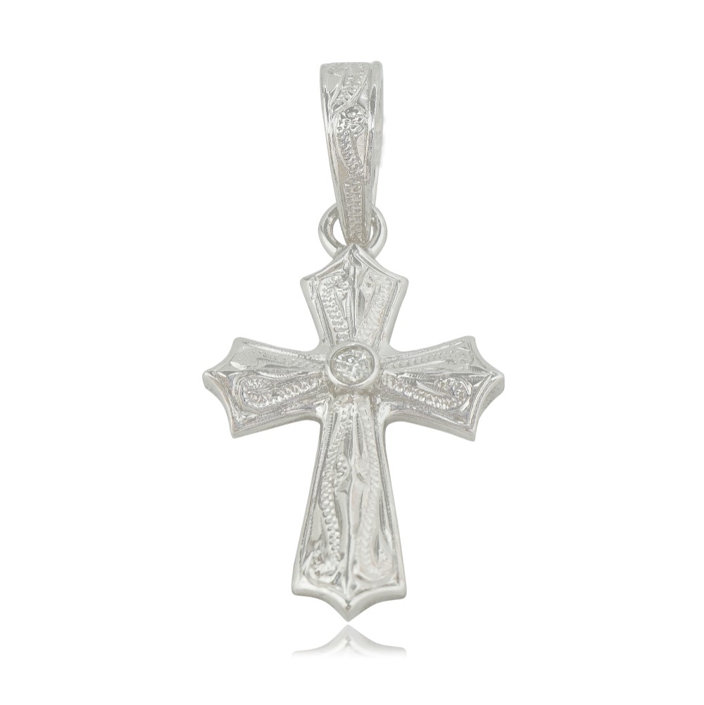 14Kスクロール彫りクロスペンダント（White Gold) 十字架 ハワイアン