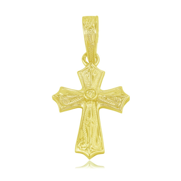 14Kスクロール彫りクロスペンダント（Yellow) 十字架　ハワイアンジュエリー 1枚目の画像