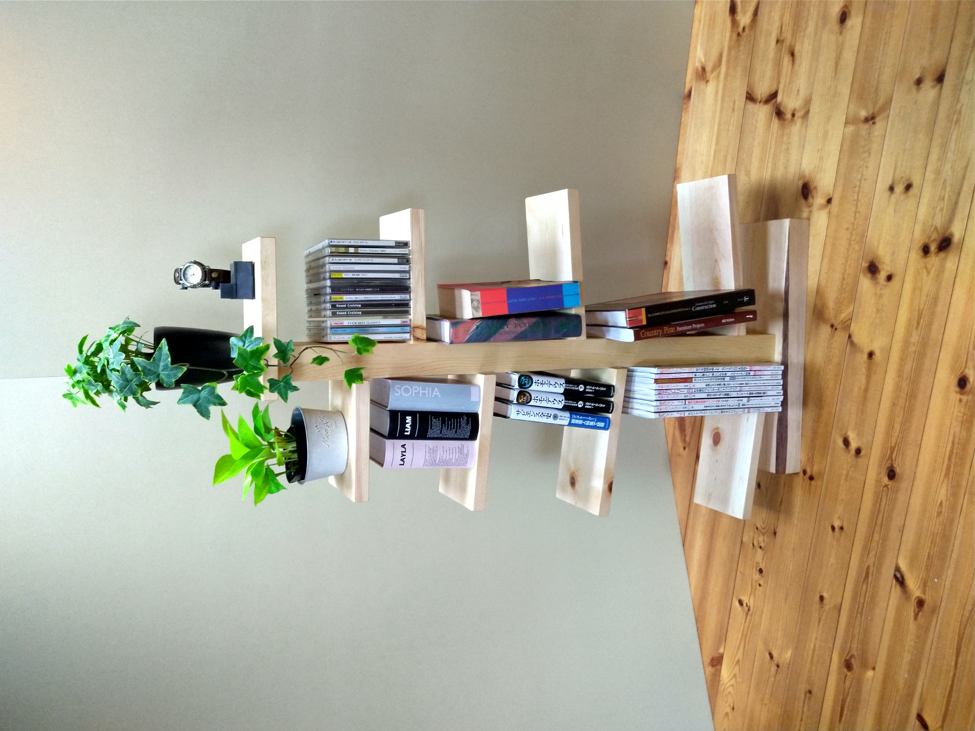 絵本棚　ブックシェルフ　ハンドメイド 送料無料】引き出し付 4way 自由自在 4段ブックシェルフ 透かし