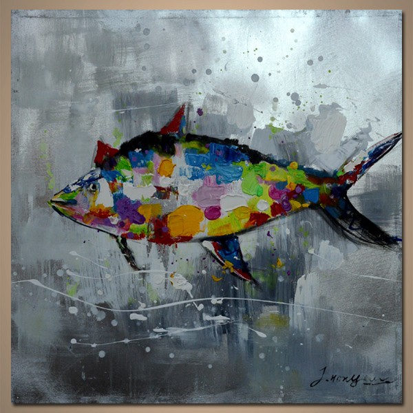 【FUMIX】油絵　原画　動物　金魚　水色　アート　インテリア　SM