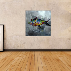 【モダン油絵工房】 油絵 現代絵画 インテリア 壁掛け 手書きモダン油絵 アニマルライン 魚A 2FAE-544 2枚目の画像