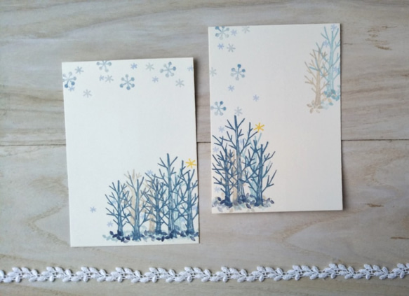 けしゴム版画「レターセット・ポストカードのセット（冬の木立）」 4枚目の画像