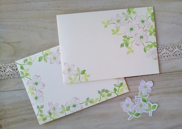けしゴム版画「レターセット・ポストカードのセット（花水木）」 2枚目の画像