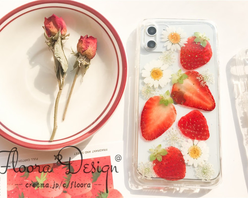 ハンドメイド本牛革携帯ケース（いちご柄ピンク） ハンドメイド本牛革スマホケース（いちご柄ピンク） iPhone