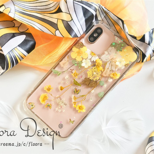 花舞う陽だまり 押し花スマホケース 押し花 お花 Galaxy iphone