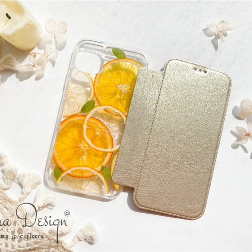 本物 『 レモン& オレンジ 満載 』フルーツ 手帳型 スマホケース 