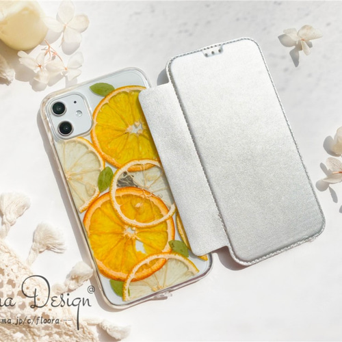 本物 『 レモン& オレンジ 満載 』フルーツ 手帳型 スマホケース
