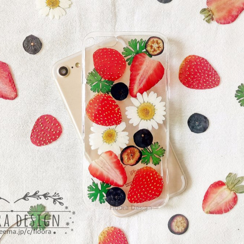 いちご&カシス』押し花 [全機種対応] スマホケース iPhone 手帳