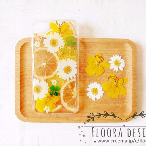 しあわせレモネード & 四つ葉 押し花スマホケース フルーツ