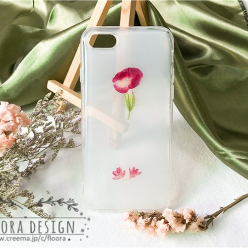 アサガオ 朝顔 シンプル 押し花スマホケース / 押し花ケース