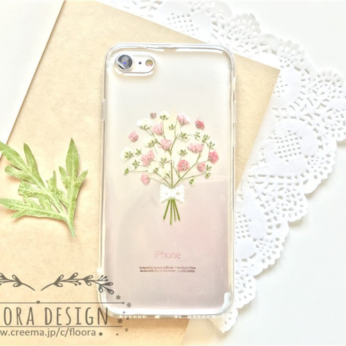 感激・清い心・切なる願い』かすみ草 押し花 スマホケース 全