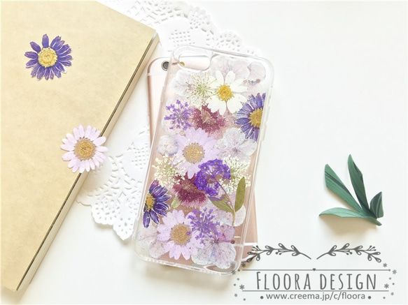 押し花 満載 押し花 [全機種対応] スマホケース  iPhone 手帳型変更可 1枚目の画像