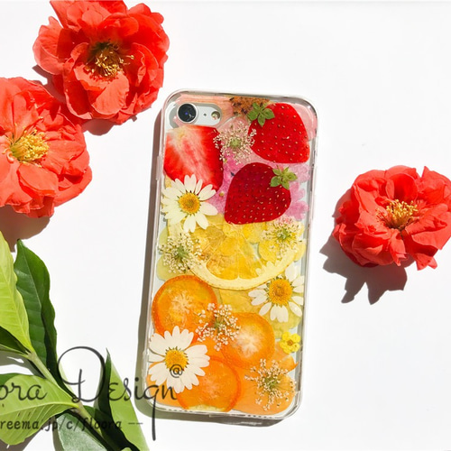 完成品】ガーベラ＆フルーツ♥️iPhone6/6s用♥️押し花ケース