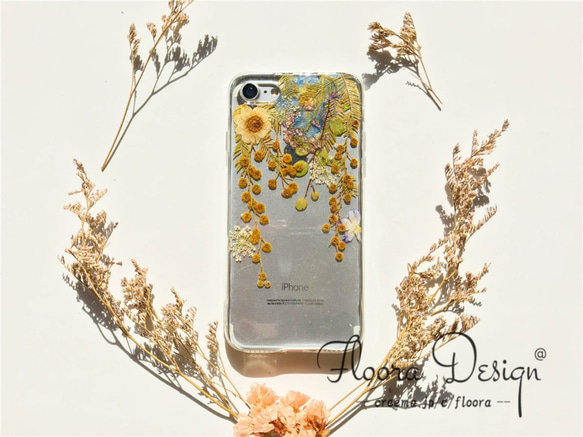 『ミモザ&バーベナ』シンプル 押し花 フルーツ スマホケース Galaxy Xperia iphone 13 4枚目の画像