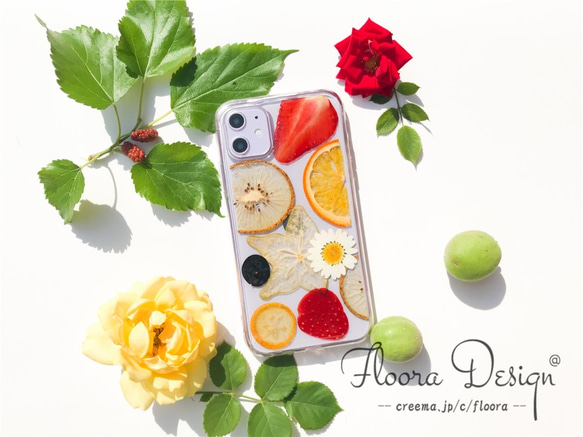 季節を楽しもう♪押し花&押しフルーツハンドメイドスマホケース 全機種対応 iPhone Xperia Galaxy 3枚目の画像