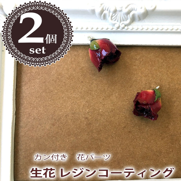 【2個】25mm ボルドー バラ 生花 レジンコーティングパーツ カン付き 1枚目の画像