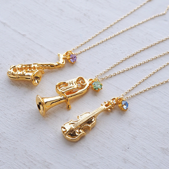 【ネックレス】ミニチュア楽器と選べる誕生石クリスタルのネックレス 8枚目の画像