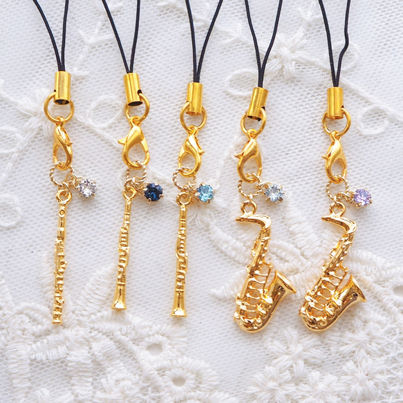 【ストラップ】ミニチュア楽器と選べる誕生石・イニシャルのストラップ 10枚目の画像