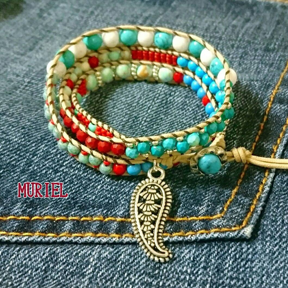 SOLDOUT turquoise×red 3連ラップブレスレット 1枚目の画像