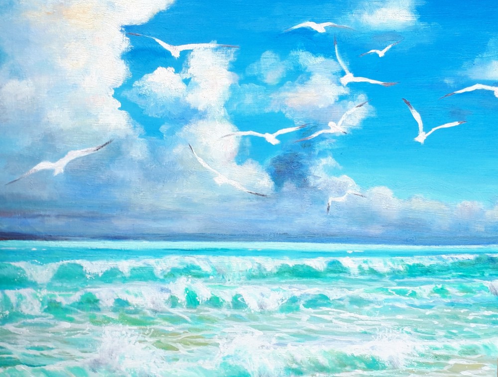 オーダーペイント　水彩画　エビネ ネオンブルーな地平線 （in タヒチ） 絵画 チェリー Cherry 通販