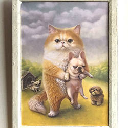 猫 絵画 天然木の額付き