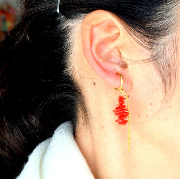 紅色珊瑚耳環假耳環耳環可更改運費/免費包裹 第3張的照片