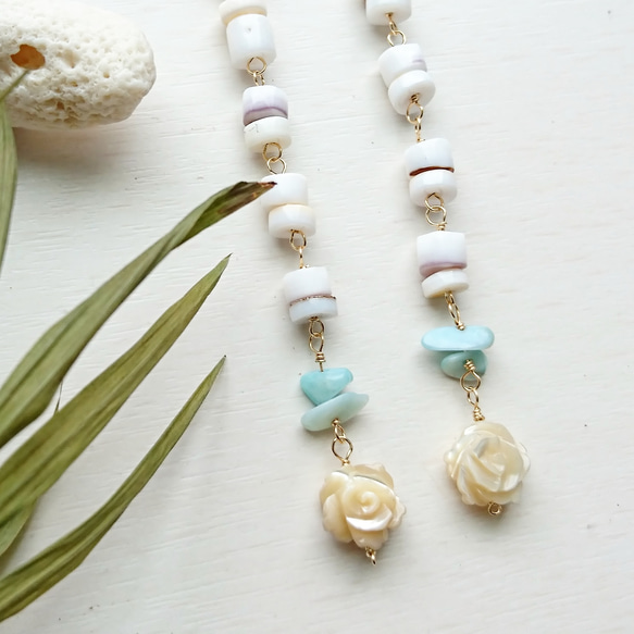 14kgf  rosemop×shell  long earrings 2枚目の画像