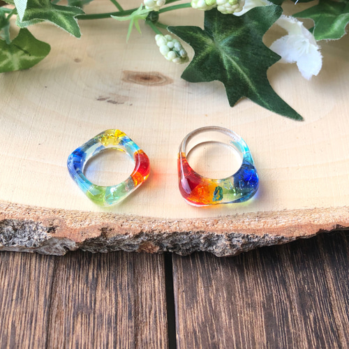 虹色！琉球ガラスのきらきらリング／7号・9号・11号・13号／星の雫