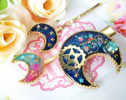 星)星空詰め込んだお月様のお揃いヘアアクセ(宇宙) ヘアクリップ