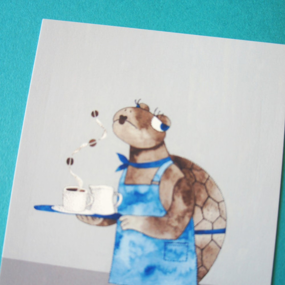 ほっと一息。コーヒーのポストカード　カメのウェイトレス　カフェ　イラスト　アート【3枚選べる・送料無料】 4枚目の画像