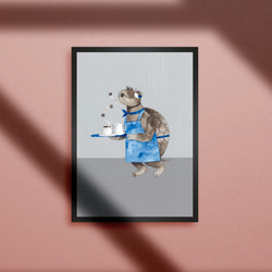[A4海報]喝咖啡的動物插圖馴服的女僕動物版畫藝術 第2張的照片