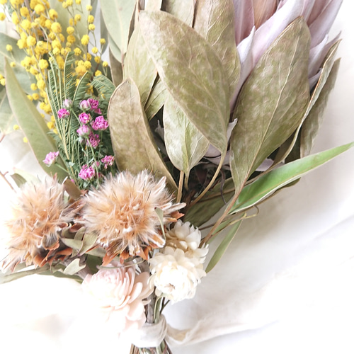 キングプロテアとミモザのスプリングスワッグ ドライフラワー