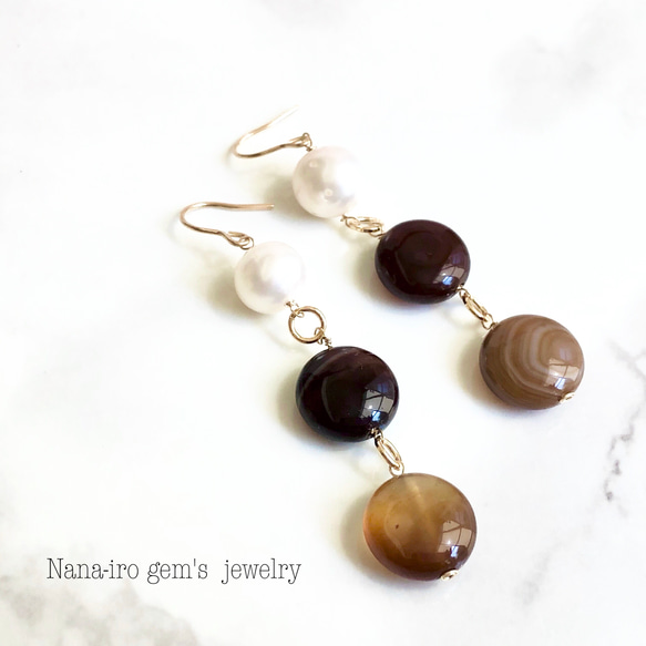 ＊1点もの＊14kgf brownstripe agate × pearl pierce 1枚目の画像