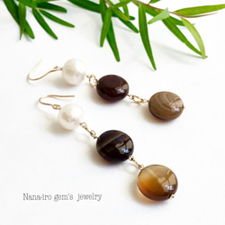 ＊1点もの＊14kgf brownstripe agate × pearl pierce 3枚目の画像