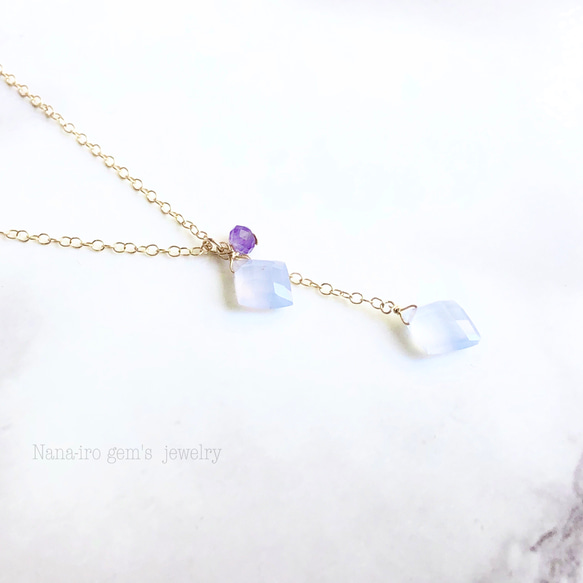 14kgf blue chalcedony × fluorite necklace 2枚目の画像