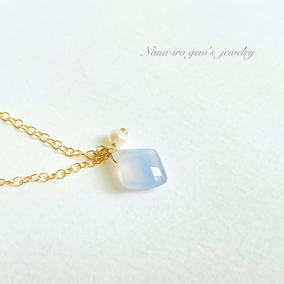 14kgf blue chalcedony × pearl necklace 4枚目の画像