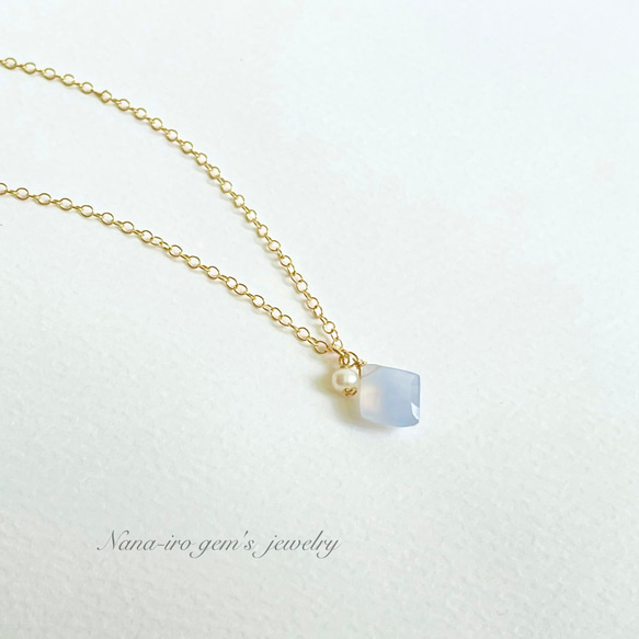 14kgf blue chalcedony × pearl necklace 6枚目の画像