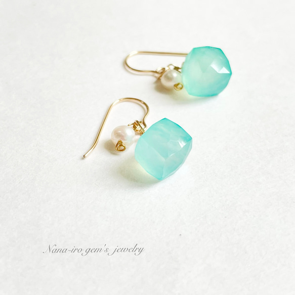 14kgf seablue chalcedony × pearl pierce 3枚目の画像