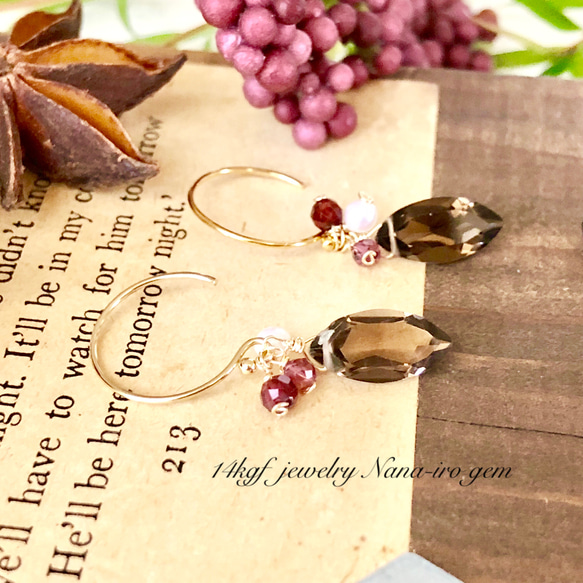 ＊再販＊14kgf smoky quartz × garnet pierce 2枚目の画像