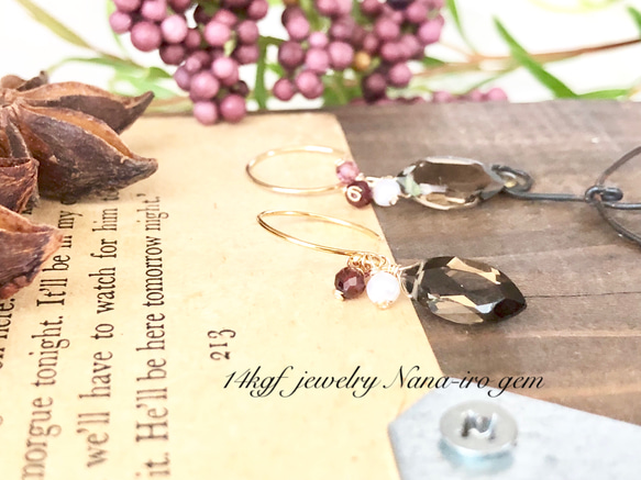 ＊再販＊14kgf smoky quartz × garnet pierce 5枚目の画像