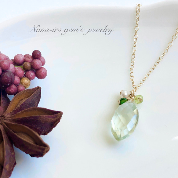 ＊1点もの＊14kgf Green amethyst ×pearl necklace 5枚目の画像